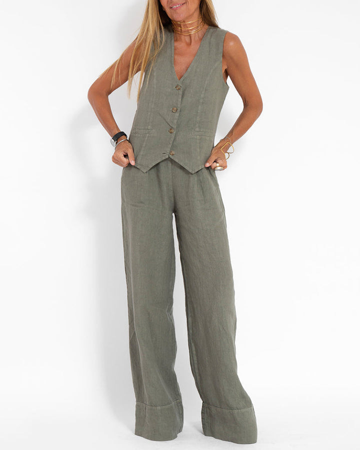 Rose | Sleeveless Vest and Wide Leg Pants Set
