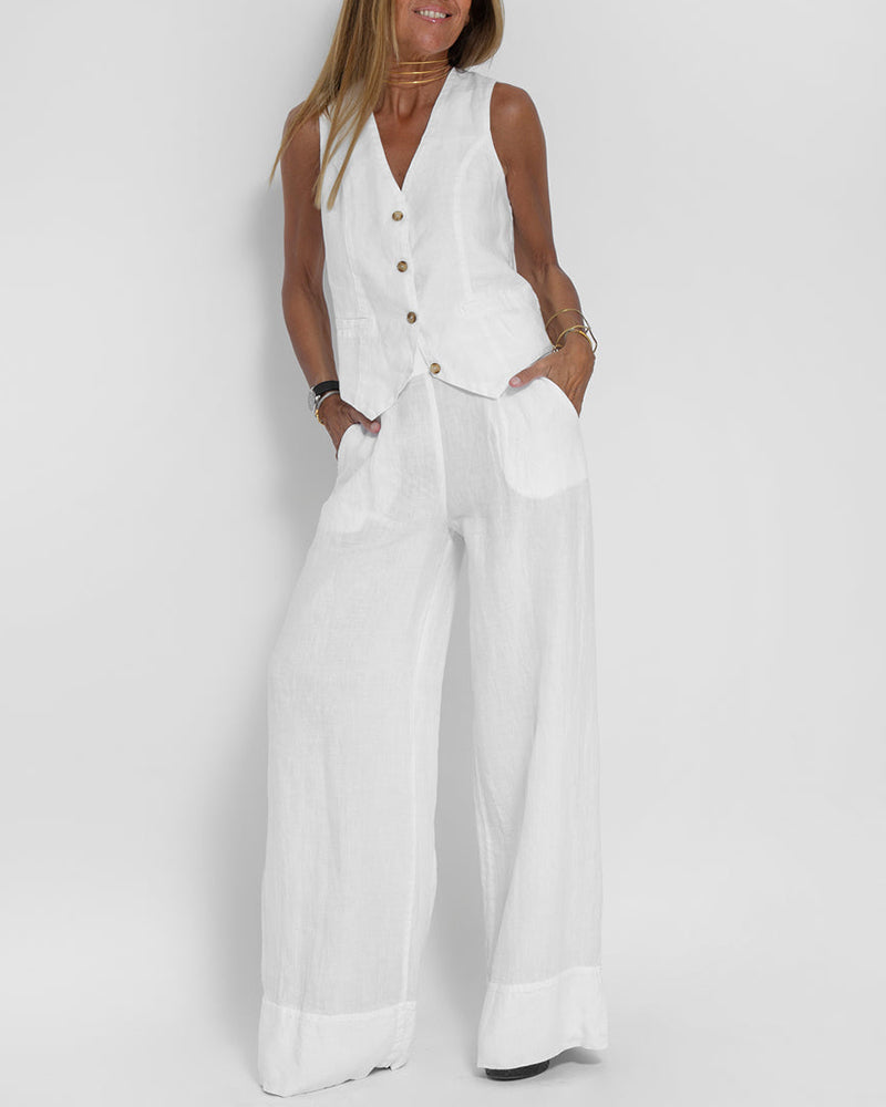 Rose | Sleeveless Vest and Wide Leg Pants Set